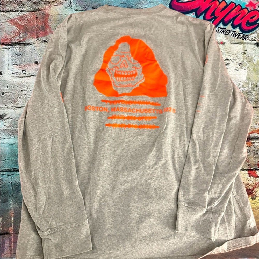 Gray Long  Sleeve Y2K Converse Shirt with Orange Skull Graphic